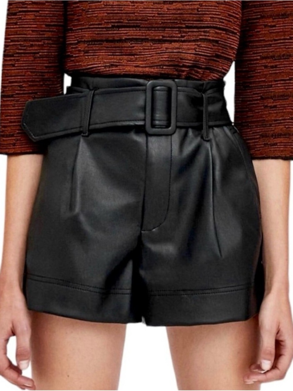 Zara Black Faux Leather High Waist Shorts with Belt